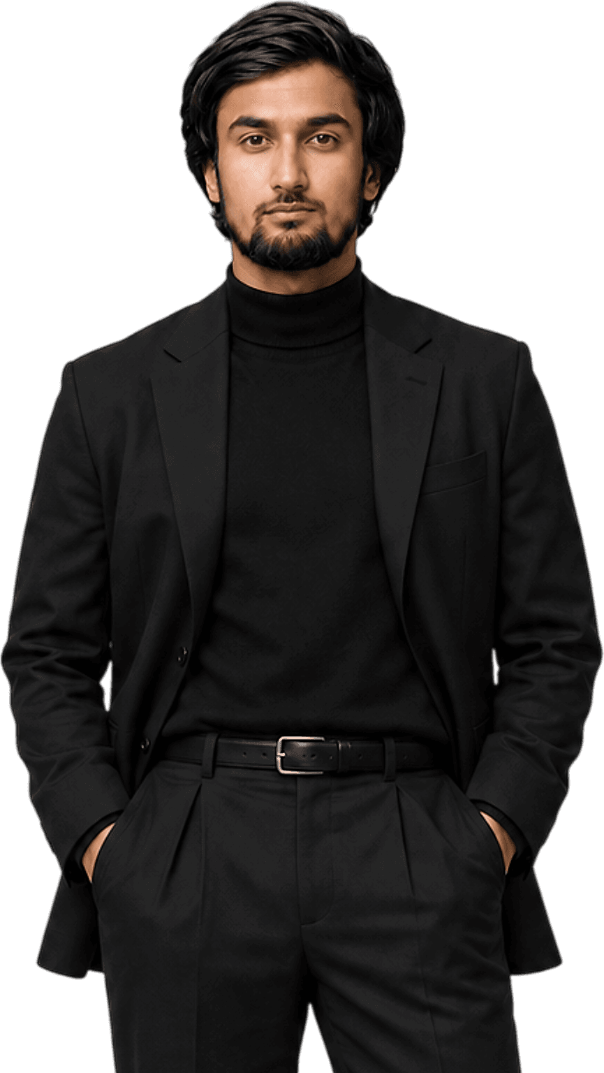 Kashif Kazmi in a black suit and turtleneck
